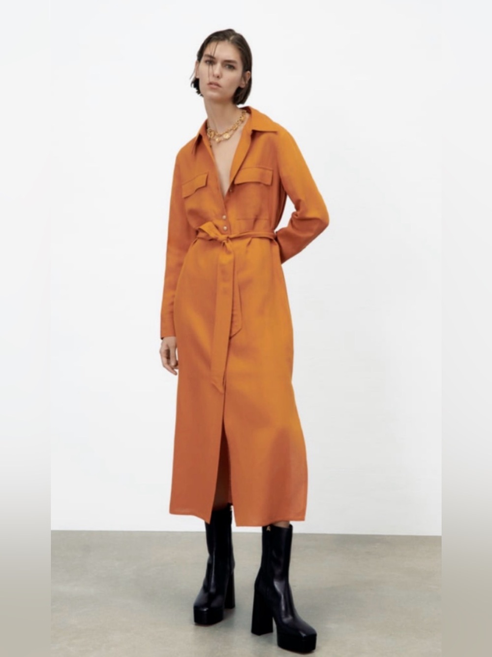 Zara Burnt Orange Long Sleeve button down dress L
